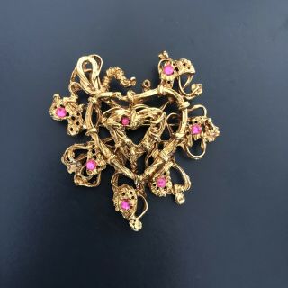 Christian Lacroix Vintage Brooch Heart Shape Gold Tone Pink Rhinestones 1990s