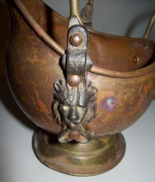 Vintage Copper & Brass Lion Head Coal Fireplace Ash Scuttle Bucket Delft Handle