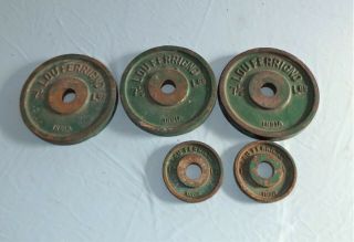 Vintage Lou Ferrigno Cast Iron Barbell Dumbbell Weight Plates 3 @ 7.  5 & 2 @ 1.  25