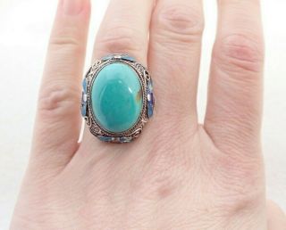 Vintage China Chinese Export Turquoise Cabochon Enamel Sterling Silver Ring 7.  25