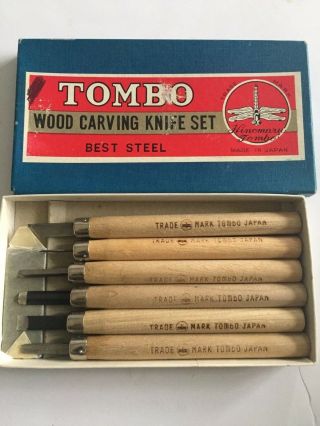 Vintage Tombo Wood Carving 6 Knife Set Hinomaru Tombo Steel Made In Japan