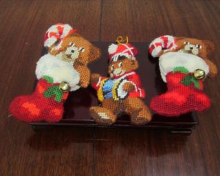 3 Vintage Needlepoint Teddy Bear Christmas Ornaments - Finely Detailed