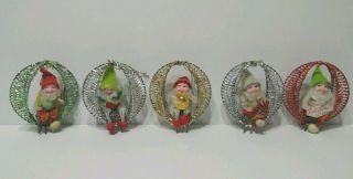 5 Vintage Christmas Pinecone Elf Tinsel Arch Tree Ornaments Japan Pixie Figure
