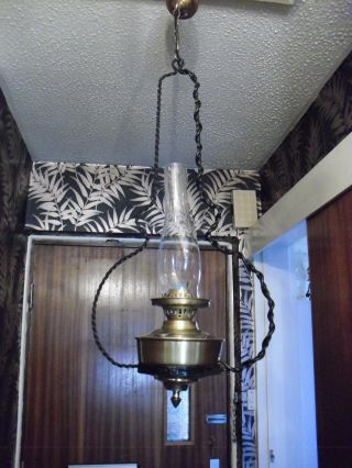 Option Of One Of 2 Old Brass Hanging Oil Lamps Converted To Electric (2 Availabl