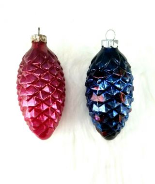 2 Vintage Shiny Brite Blue/red Pinecone Mercury Glass Christmas Ornaments