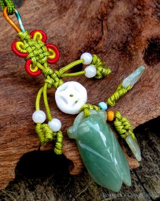 Natural Jadeite Cicada W/ Leaves Endless Knot Feng Shui Green
