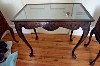 Vintage Mahogany Carved Accent Table Coffee Table Glass Top
