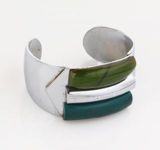 Vtg 1930s French Art Deco Chrome & Green Bakelite Cuff Bracelet