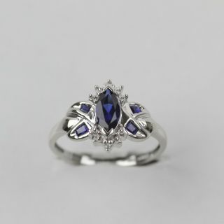 Vintage 10k White Gold Victorian Marquise Blue Sapphire & Diamonds Ring Size 7