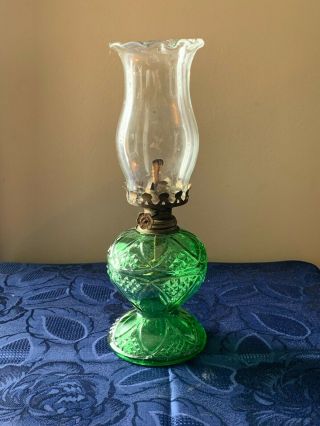 Antique Vintage Green Glass Oil Lamp Pattern Hobnail Leaves 11.  5 " Tall Hong Kong