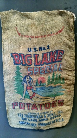 Big Lake Minnesota Potatoes Pin Up Girl Bikini Vintage Burlap Sack Sign Bag