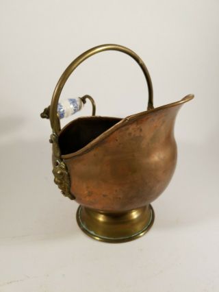 Vintage Brass Coal Scuttle Ash Bucket With Delft Porcelain And Lion Head Handle