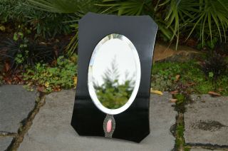 Arts And Crafts Ebonised Mirror With Ruskin Stone In Pewter Mount
