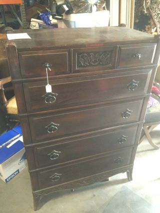 Vtg Antique Dark Wood Chest Drawers Dresser Vintage
