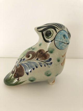 Vintage Mexican Tonala Folk Art Pottery Footed Horned Owl Signed & ’d