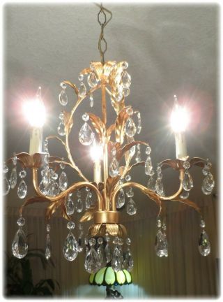 Vintage 3 Light Italian Gilded Tole Petite Chandelier With Prisms