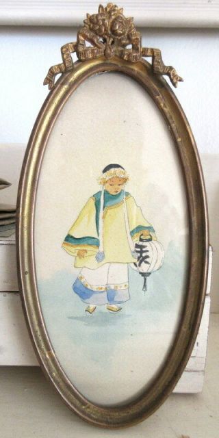 Little Antique Framed Chinese Child & Lantern Watercolor