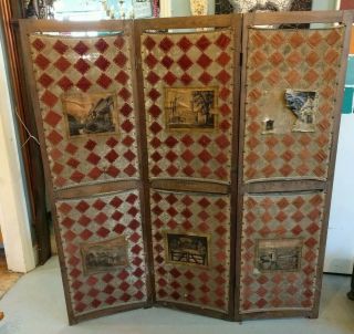 Antique Screen Or A Folding Room Divider Victorian Wooden Pictures Mesh Fabric