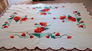 Vintage Hand Quilted Graceful Poppy Applique Gorgeous Cotton Quilt 78x94