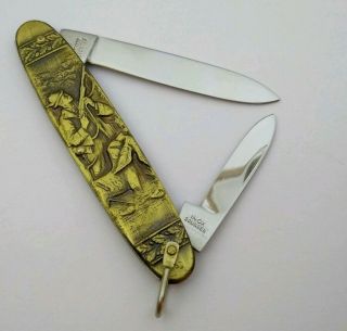 Vintage Inox Brass 2 Blade Pocket Knife Bird Hunter W/dog Scene Solingen Germany
