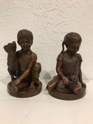 Vintage Bronze Sculptures By Charles Parks 1974 Girl With Cat And Boy With Dog