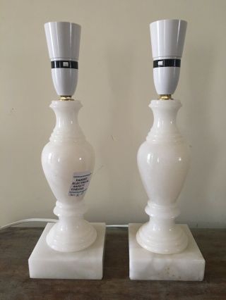 Pair Vintage Carved Alabaster Stone Lamps Pat 32cm Table Bed Side White