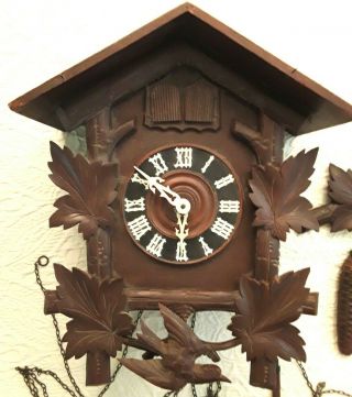 Lg Vintage Cuckoo Clock Black Forest Germany 3 Weights Carved Birds Hurbert Herr