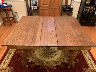 Antique Oak Extension Dining Table W/2 Matching Leaves And 6 Chairs