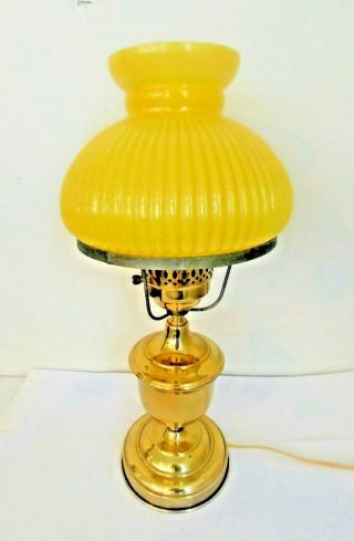 Vintage Brass 3 Way Oil Style Electric Table Parlor Lamp W/ Yellow Ribbed Shade