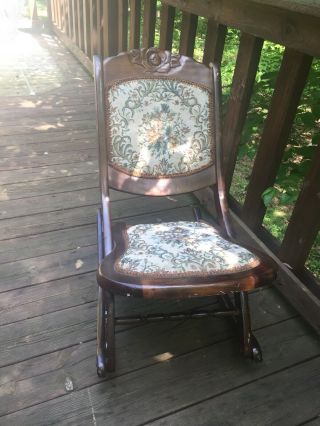 Vintage Tapestry Hardwood Wood Folding Rocking Chair Victorian Carving / Design