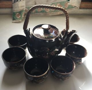 Vintage Japanese Sake Tea Set Black Gold With Peacock & Flowers Tea Pot 6 Cups
