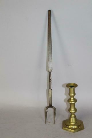 A Great Early 18th C Wrought Iron Two Tine Roasting Fork In Old Polished Surface