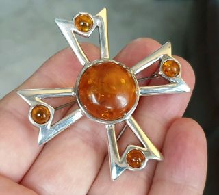 Vintage Art Deco Jewellery Real Amber Cabochon Sterling Silver Cross Brooch Pin