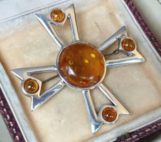 VINTAGE ART DECO JEWELLERY REAL AMBER CABOCHON STERLING SILVER CROSS BROOCH PIN 2