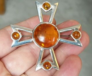 VINTAGE ART DECO JEWELLERY REAL AMBER CABOCHON STERLING SILVER CROSS BROOCH PIN 3
