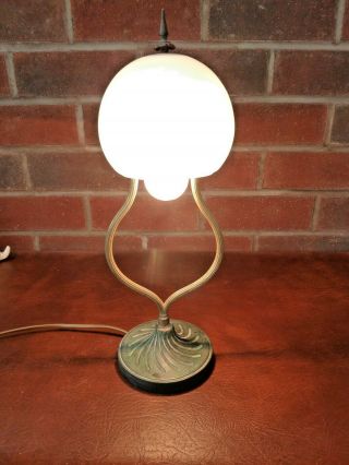 Antique French Art Deco Brass Table Desk Lamp With Glass Shade
