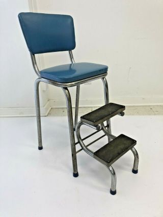 Vintage Step Stool Metal Rustic Industrial Side Chair Bar Loft Folding 60s Blue