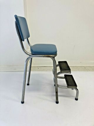 Vintage STEP STOOL metal rustic industrial side chair bar loft folding 60s blue 2
