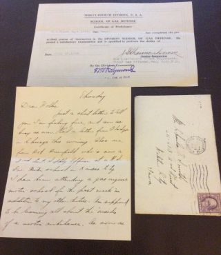 Wwi Letter Camp Cody,  109 San.  Tn.  34 Div.  Gas Defense Certificate Of Proficienc