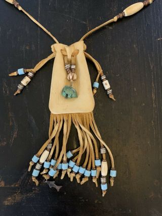 Vintage Native American Indian Leather Medicine Bag Purse With Fetish Bear