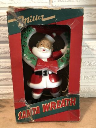 Vintage Miller Electric Light Up Plastic Santa With Merry Christmas Wreath