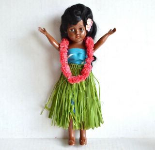 Vintage Hawaiian Sleep Eyes Doll Hula Skirt & Pink Lei Hard Plastic 10 1/2 " Tall