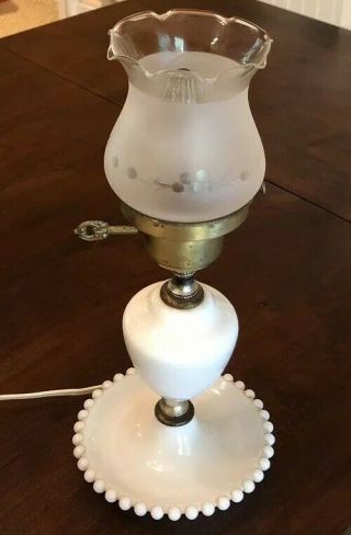 Vintage Hobnail Milk Glass Lamp W/ Frost Glass Etched Grape Shade,