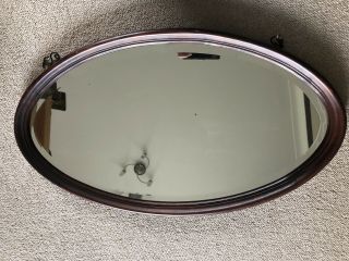 Antique Victorian Oval Wood Framed Bevelled Mirror With Chain