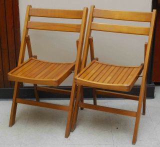 Pair 2 Vintage Mid Century Modern Wooden Slat Folding Chairs Poland 1