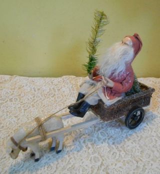 Vintage Santa Riding In Cart Pulled By Sheep Mica Bottle Brush Age?