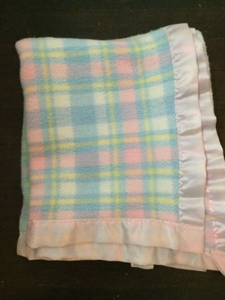 Vintage Thermal Baby Blanket Wpl 3708 Plastel Plaid Pink Nylon Binding 26x42 Usa