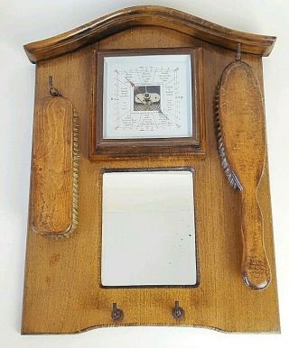 Antique Vintage Wall - Hanging Wood Coat Rack Hanger Barometer Mirror Brushes Prop