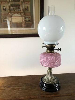 Antique Oil Lamp.  Victorian British Made “f” Pink Glass Font Twin Burner.