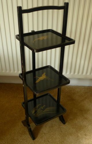 EDWARDIAN THREE TIER BLACK LACQUERED FOLDING CHINOISERIE CAKE STAND 2